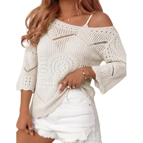 Rapbin Womens Crochet Hollow Out Knit Tops 3/4 Sleeve Spring Summer Sweaters Beach Cover Ups for Women Trendy 2026