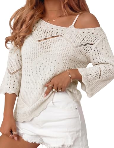 Image of Rapbin Womens Crochet Hollow Out Knit Tops 3 /4 Sleeve Spring Summer Sweaters Beach Cover Ups for Women Trendy 2026