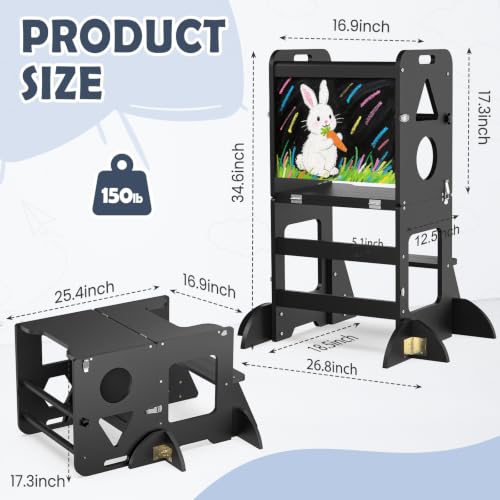 Image of Toddler Standing Tower Anti-Tip Wooden Kitchen Step Stool，Black