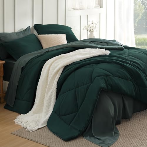 Image of Bedsure Full Comforter Set Dark Green - 7 Pieces Reversible Bedding, Full Size Bed Set for All Seasons, Bed in a Bag with Down Alternative Comforter, Sheets, Pillowcases & Shams