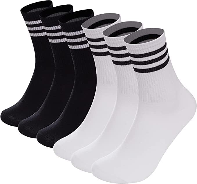 NANAGO 6 Pair Striped Retro Crew Socks for Men Women, Athletic Breathable Casual, Black and White, Lightweight for Spring and Summer