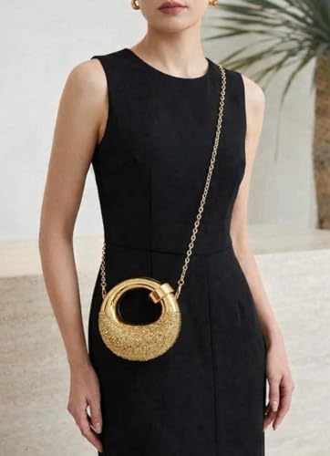 Image of Crystal Embellished Evening Clutch Bag with Curved Handle, Rose Gold Metallic Finish, Detachable Chain Strap, Mini Size