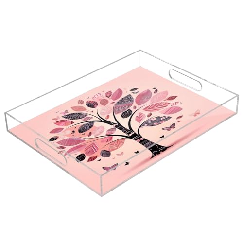 BOESI Graffiti Tree and Butterfly Pattern Acrylic Decorative Dining Tray, Acrylic Decorative Tray Organizer with Handle for Kitchen, Dining Room, Bathroom, Dresser