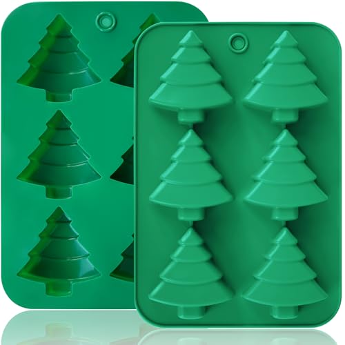Image of Christmas Tree Silicone Molds 2PCS for Soap Chocolate Candy Cake Cocoa Bomb Bath Bomb Ice Candle Food, 3D Xmas Themed Treat Baking & Freezing Tray BPA Free Food Grade Holiday Moulds