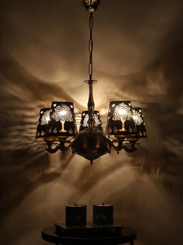 Image of Devansh 05 Lights Tree Metal Etched Shade with Antique Golden Chandelier -ZC
