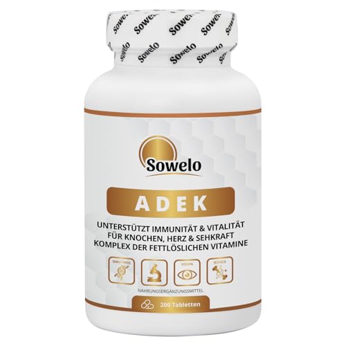 ADEK Vitamine Komplex – A, D3 2000 IE, E & K2 – 200 Tabletten – Für Immunsystem, Knochen, Herz & Sehkraft – Hochdosiert & Synergistische Formel – Made in EU – Sowelo