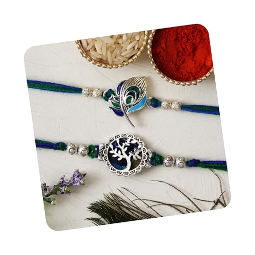 Image of eCraftIndia Unisex Adult Set Of 2 Peacock Feather And Floral Designer Rakhis For Brothers With Roli Chawal