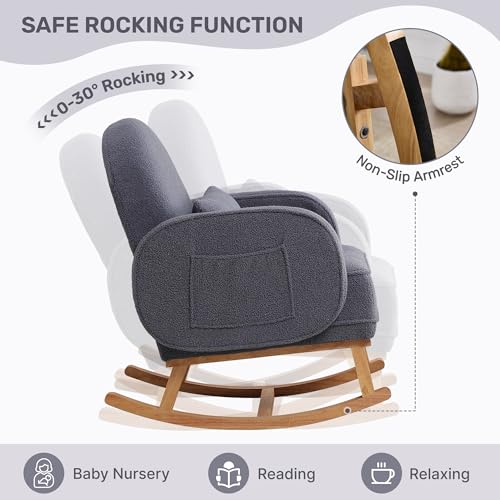 Image of HCHAIRH Nursery Rocking Chair with Footrest, Upholstered Glider Rocker with High Backrest and Side Pocket, Rocking Accent Armchair with Solid Wood Legs for Nursery, Living Room, Bedroom Dark Grey