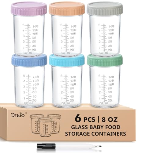 Image of DRKIO 6 Pack Glass Baby Food Storage Containers - 8 Oz Baby Food Jars with Lids Baby Food Maker Microwave Dishwasher Freezer Safe 100% Leak Proof BPA Free Reusable