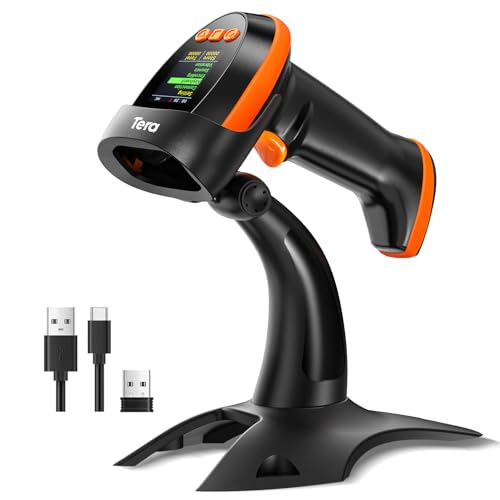 Image of Tera Barcode Scanner Wireless 2D with Stand: Pro Version Digital Setting Screen Keypad Works with Bluetooth 2.4G Wireless USB Wired Extra Fast Scanning Speed Handheld Bar Code Reader HW0009-Z