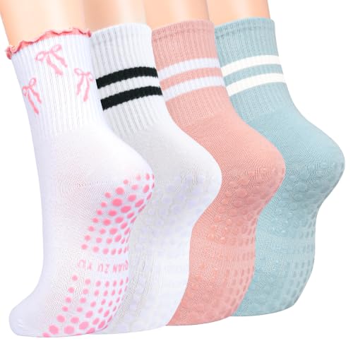 Image of Toes Home Pilates Socks for Women with Non Slip Grippers, Yoga Crew Socks for Barre Hospital Sticky Slipper Socks 4 Pairs