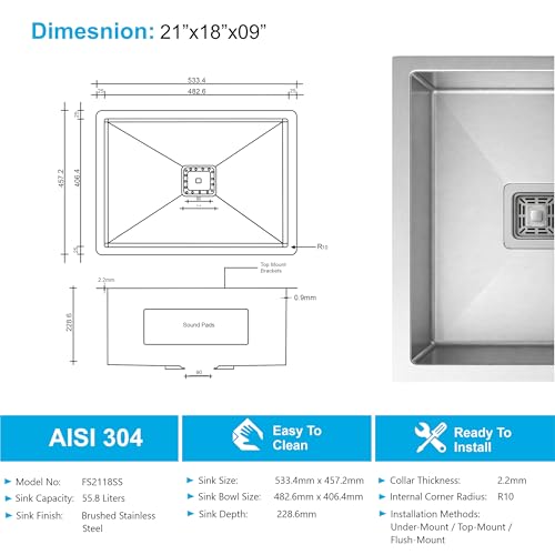 Image of Fossa Aqua 21 inchx18 inchx09 inch Inch Single Bowl Handmade Kitchen Sink 25-Year Warranty AISI 304 Stainless Steel, 2.2mm Thickness, Includes Colander, Coupling & Waste Pipe Set Silver (Matte finish)