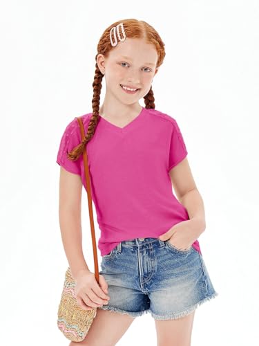 Image of Haloumoning Girls V Neck T-Shirts Kids Summer Swiss Dot Short Sleeve Tops Cute Fashion Tees 5-14 Years