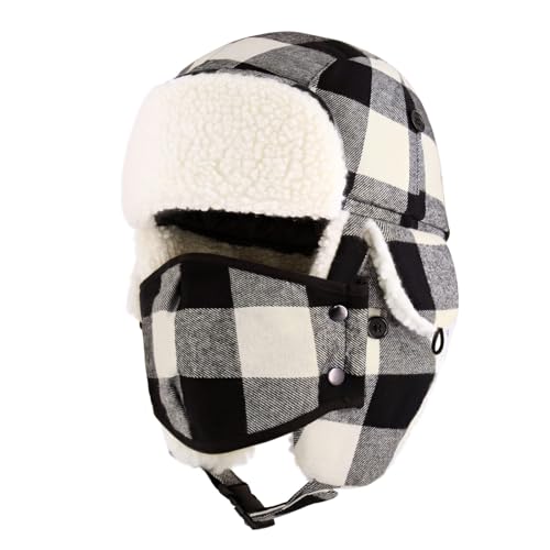 Image of Buffalo Plaid Winter Trapper Hat, Sherpa Lined Ear Flap Hunting Cap Men