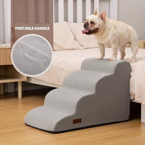 Image of Aodisman Dog Steps for Bed or Couch,4-Step Pet Stairs Ramp for Small Dogs | 17.4 inch H Indoor Non-Slip Dog Stairs Help Senior Dogs,Short-Legged Breeds,Puppies and Cats to Reach Beds and Chairs,Light Grey