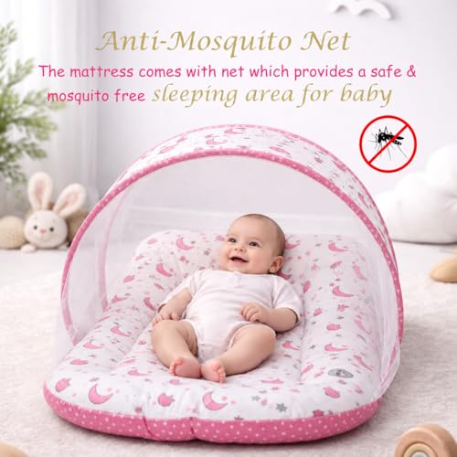 Image of Infantbond Designer Mattress with Net | Baby Sleeping Bag | 4 Pcs Bedding | 1 Nest (0-6 Months) (Moon Pink)