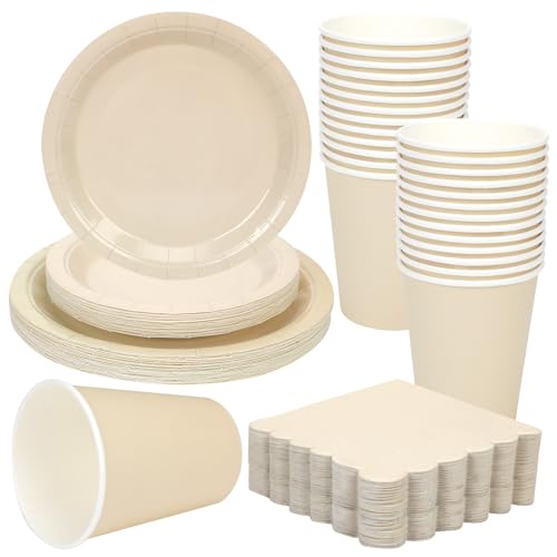 Ziliny 150 Pcs Disposable Party Dinnerware Supplies Set Includes 7'' 9'' Disposable Paper Plates 9oz Paper Cups Scalloped Cocktail Napkins for Baby Shower Birthday Wedding(Milky White)