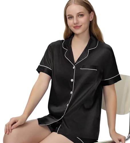Guriyzee Couple Pajamas Set Satin Short Sleeve Sleepwear 2 Pcs Button Down Pjs Loungewear Women Black XX-Large — view 5