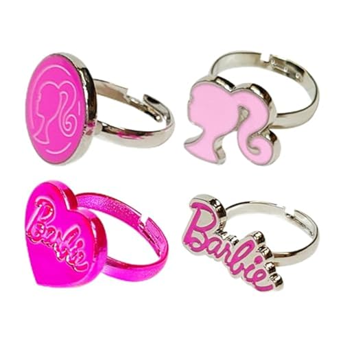 LUV HER Barbie Jewelry: 4-Piece Adjustable Rings for Girls (Barbie Rings with Metal Charm) Perfect Gifts For 6-Year-Old Girl Jewelry Kid for girls Accessories Ages 4+