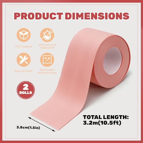 Image of 2 Rolls Caulk Tape Waterproof Self Adhesive, 1.4 inch x 10.4 Ft Caulking Tape Sealant Strip, Peel and Stick Caulk Strip, Toilet Base Sealer Strip for Sealing Bathtub Shower Edge Protector (pink)