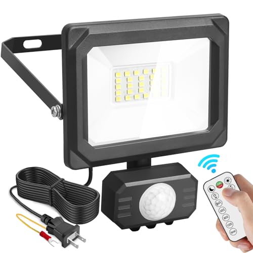 Akitoe LEDセンサーライト 屋内/屋外使用可 人感センサー LED投光器 20W 昼白色 6500K 2Pプラグ フラッドライト 100V リモコン操作 自動点灯/消灯 超高輝度 IP65防水仕様 爆光 防犯ライト ガレージ 庭 玄関 倉庫 駐車場 1.5Mコード コンセント付き
