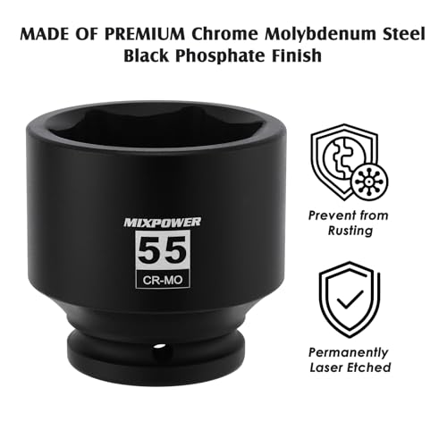 Image of MIXPOWER 3 /4 inch Drive Shallow Impact Socket, 55mm, CR-MO, Metric, 6 Point, Axle Nut Impact Grade Socket for Easy Removal