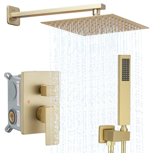 Image of Brushed Gold Shower System YCAIKOI Wall Mount Shower Faucet Set for Bathroom 10 Inch High Pressure Luxury Shower Head with Handheld, Rough-in Valve Body and Trim Included