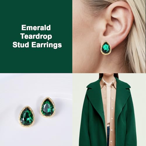 Emerald Green Teardrop Earrings for Women, 14K Gold Plated Edged Green Stud Earrings, Elegant Emerald Stud Earrings for Everyday or Special Occasions3