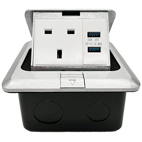Funey Pop up Electrical Outlet Cover Box, floor sockets table flushbonading socket with 2 USB Chargers, Waterproof for table office desktop restaurant kitchen cafe Countertop, Silver