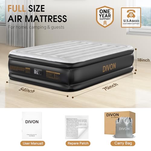 DIVON Air Mattress Full with Built in Pump,18’’High Blow Up Mattress Full with Wave Pattern,Self Inflation/Deflation Mattress in 3 Mins, Air Bed for Home&Camping,660lbs
