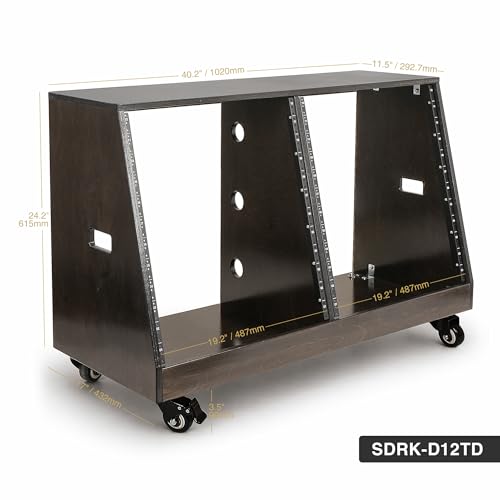 Image of Sound Town DIY 2 x 12U Slanted Double-Bay Studio Rack with Casters for Home Studio and Recording Room, Baltic Birch Plywood, Black Espresso (SDRK-D12TD)