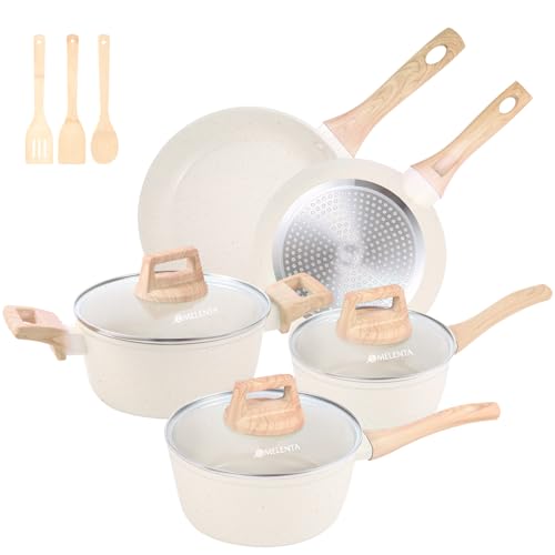 Image of M MELENTA Granite Pots and Pans Set Ultra Nonstick, 11 Piece Die-Cast Cookware Sets with Frying Pan, Sauce Pan, Stockpot, Stay Cool Handle & Kitchen Utensils, Gas/Induction Compatible, 100% PFOA Free