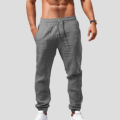 Linen Pants Men, Linen Pants for Men Summer Beach Trousers Casual Loose Elastic Drawstring Waist Straight Legs Pant2
