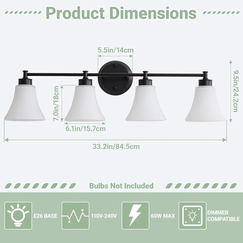 Image of LOUSACE 4 Light Bathroom Vanity Light Matte Black Bathroom Lighting Fixtures Over Mirror with Opal White Frosted Glass Shade, Vintage Traditional Wall Lighting Fixture Vanity Lights for Bedroom