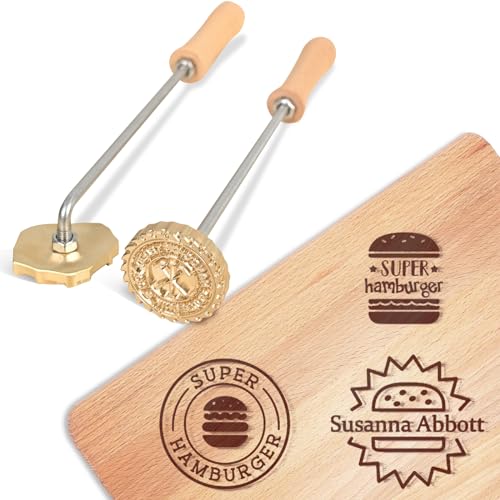 KAINSY Branding Iron for Burger, Durable Custom Logo Metal Branding Iron for Food Hamburger Burning Stamp with Wood Handle, Personalized Chefs Cooking Lover Gifts, Flame Heated(1 inch)