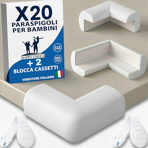 HAPPY CHLEA Paraspigoli Angolari in Gomma con Tecnologia Schiuma Attiva, 20 Paraspigoli per Bambini Morbidi e 2 Blocca Cassetti, Paraspigoli Tavolo e Mobili (Bianco)