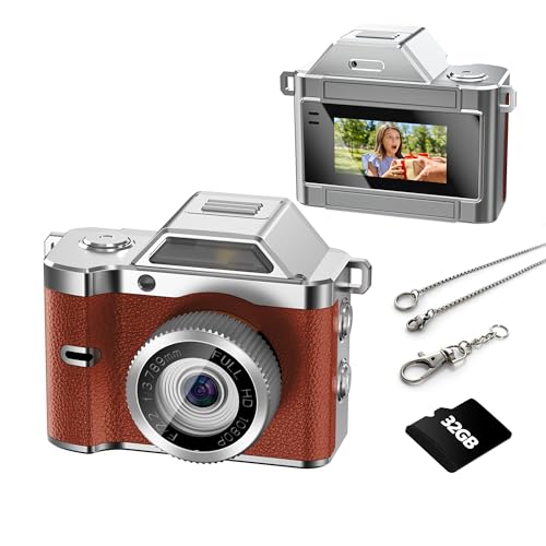 OMK Mini Keychain Camera, 1080P Pocket-Size Camera with 32GB Card, Portable Mini Retro Camera, One-Button Recording, Lightweight Vintage for Travel, Birthday Gift, Party, Daily Moments(Brown)