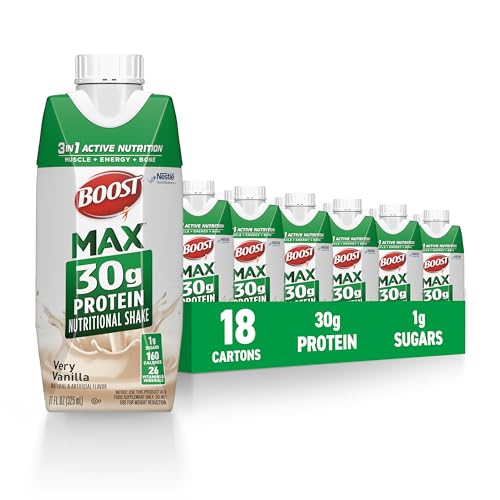 BOOST MAX Protein Shakes Ready to Drink - 30g High Protein Shake - Vanilla | Nutritional Drinks to Support Muscle Recovery After Exercise 26 Vitamins & Minerals 1g Sugar 11 fl oz (Pack of 18)