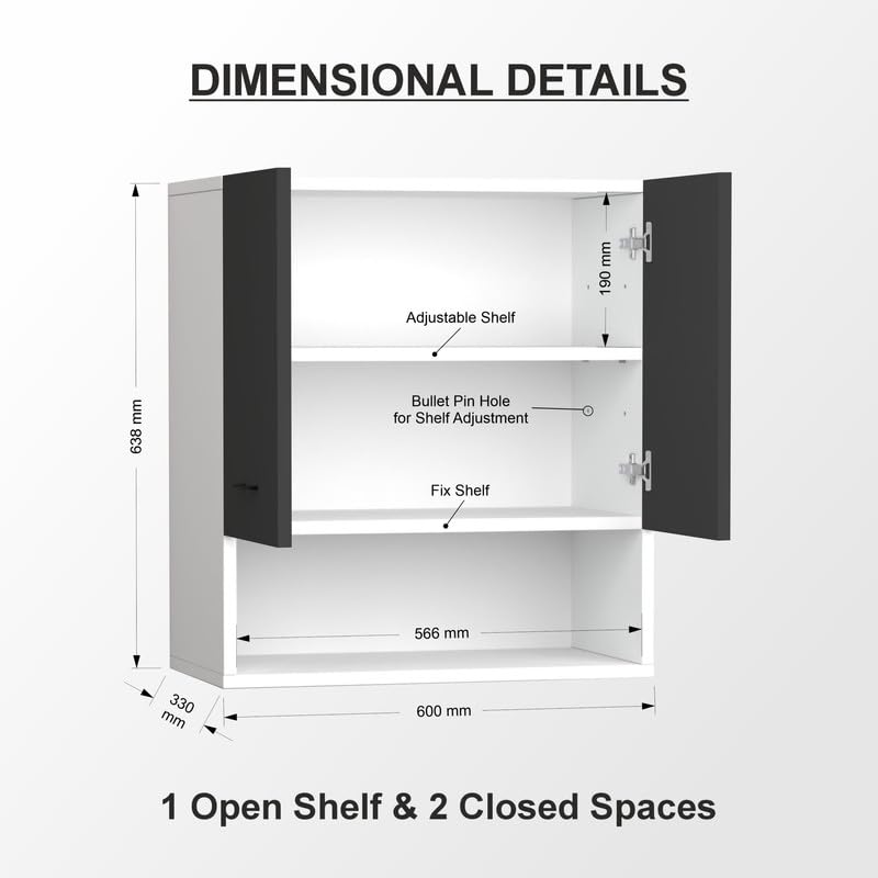 Image of 2 Door Multipurpose Wall Mounted Cabinet with Adjustable & Fixed Shelf | Storage for Kitchen, Bathroom, Office & Living Room | Assembly-DIY | Color-White & Grey | Size-60x33x63.8 Cm