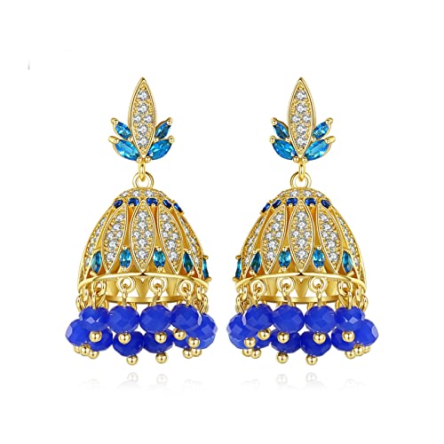 Boucles d'oreilles pampille cloche plaqué or et zircones bleu éclatant