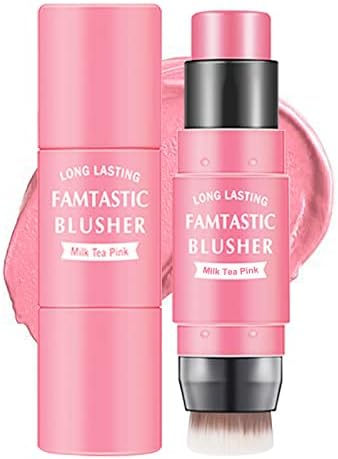 Erinde Cream Blush Stick with Brush, Cream Blush for Cheeks, Lightweight Light Pink Blush Stick, Waterproof, Long-lasting, 3 In 1 Cheek Blush & Lip Tint & Eyeshadow Makeup Stick, 01# Milk Tea Pink