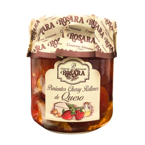 Rosara Pimiento Rojo Cherry Relleno de Queso Crema - Tarro de Cristal 212 gr, 10-12 Piezas, Aperitivo Gourmet Listo para Comer, Conservas Gourmet