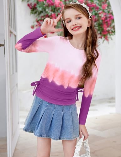 Image of Arshiner Girls Long Sleeve Shirts Ruched Knot Side Tunic Blouse Tee Tops