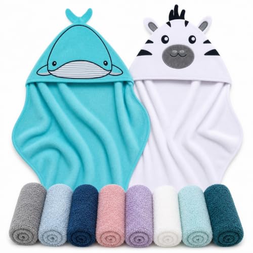 Image of Cute Castle 2 Pack Hooded Baby Towel Rayon Made from Bamboo with 8 Washcloths - Soft Bath Towel for Bathtub for Babie, Newborn, Infant, Natural Baby Stuff Towel (Zebra and Whale)
