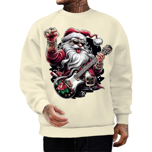 Sudadera de Navidad con cuello redondo para hombre – Divertida sudadera de Navidad con diseño de calavera de Papá Noel, sudaderas casuales para otoño e invierno,, Albaricoque Guitarra Santa Claus, L