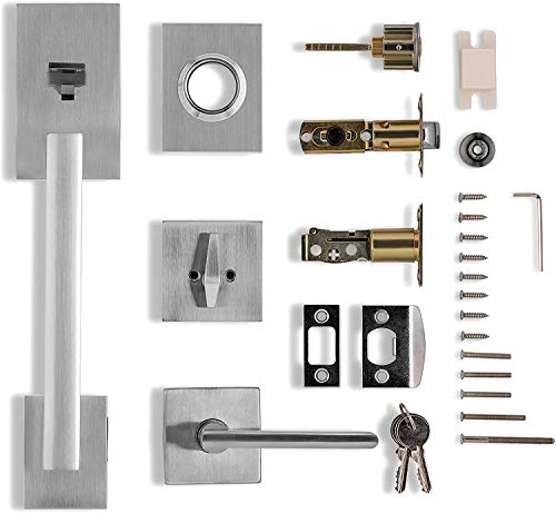 Image of Berlin Modisch HandleSet Front Door Entry Handle and Deadbolt Lock Set Slim Square Single Cylinder Deadbolt and Lever Reversible for Right & Left Sided Doors Heavy Duty - Satin Nickel Finish