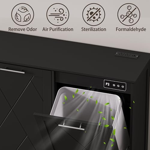 Image of Double Tilt Out Trash Can Cabinet with Charging Station, Negative Ion Odor Control, Hidden Dual 10-Gallon Recycling Cabinet, Dog Proof Garbage Can for Kitchen, Laundry, Dining Room,Black