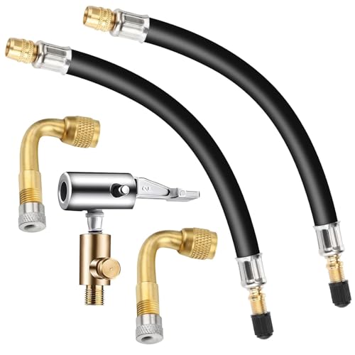 Image of 5 Pcs Tire Valve Extension, 8.25 Inch Flexible Valve Stem Extenders, 90 Degree Brass Tire Valve Extension Adaptors with Tire Inflator Hose Adapter Compatible for RV Bike Motorcycle Car