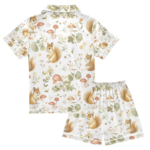senya Lovely Squirrel Wild Flowers Satin Summer Pajama Sets Silk Short Sleeve Button Down Sleepwear2