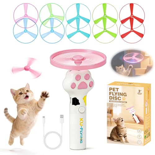 Orebog Cat Fetch Toy Launcher Flying Disc Launcher Toy Rechargeable with 10 Flying Discs Flying Cat Toy Disc Launcher for Kitten Dog Playing Interactive Hunting Tracking Toys for Outdoor Indoor White